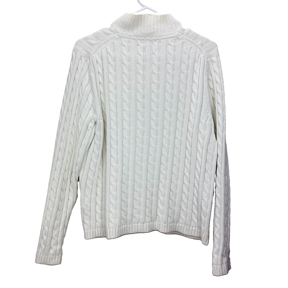 LL Bean Ivory Mock Neck Full Zip Cable Cotton Cardigan Sweater Size LARGE - Picture 6 of 9